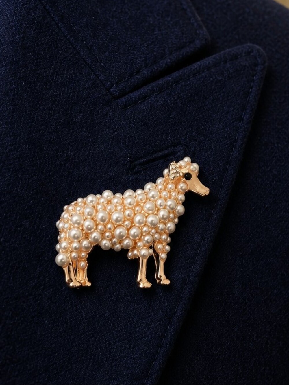 Gold Pearl Sheep Brooch Rhinestone Lamb Pin Animal Lover Jewelry Grandma Chic